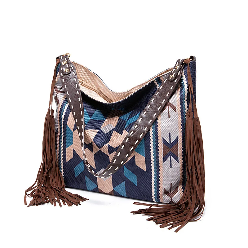 2023 Retro Hand Woven TASSEL Cotton And Linen Shoulder Cross-Border Bag For  Women