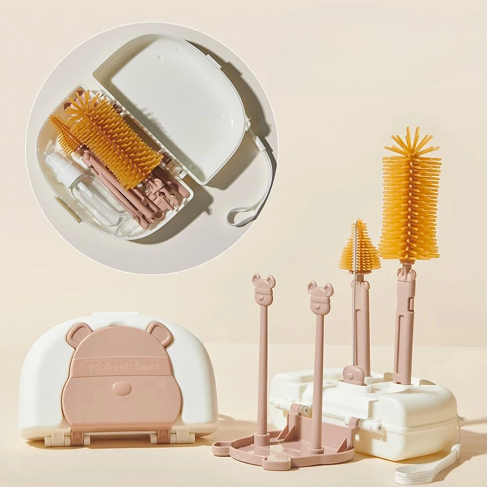 6 in 1 Bottle Cleaning Brush Set with Silicone Bottle Brush Straw Nipple Soap Dispenser Storage Box Drying Rack