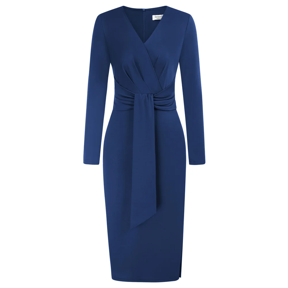 

Jasambac Women Side Slit Dress Long Sleeve V-Neck Sash Decorated Bodycon Dress