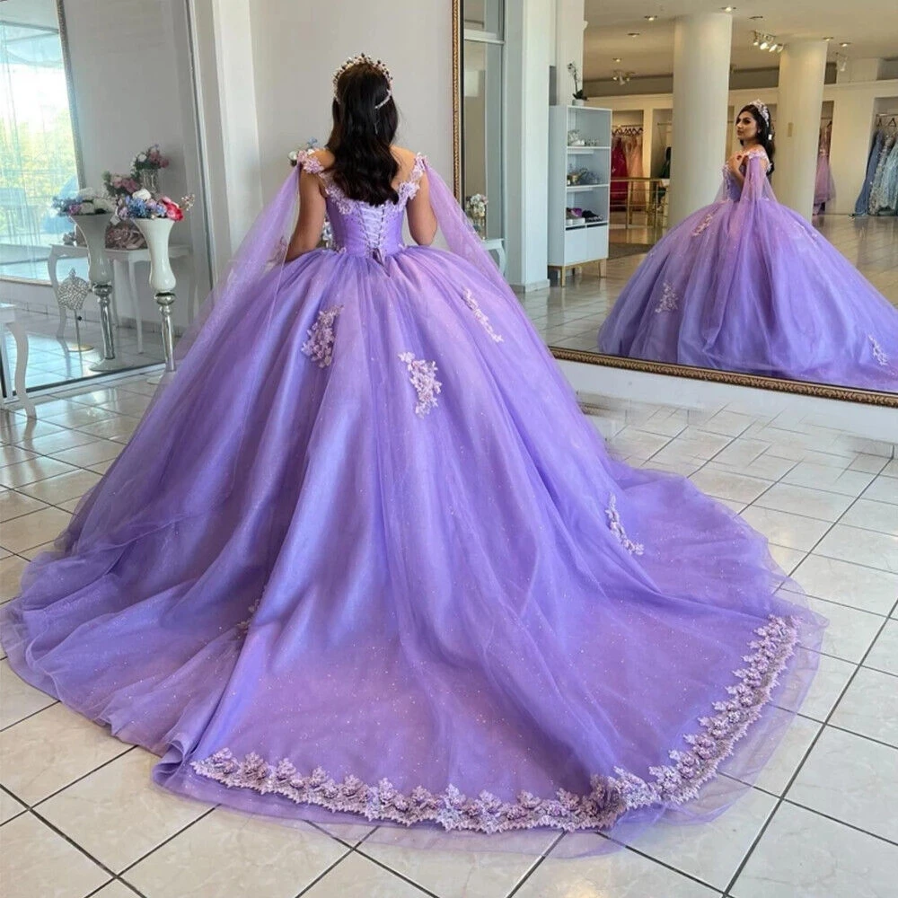 ANGELSBRIDEP Lilac Ball Gowns Quinceanera Dresses Cape Wrap Shiny Formal Birthday Party Princess Dress Vestidos De 15 Anos