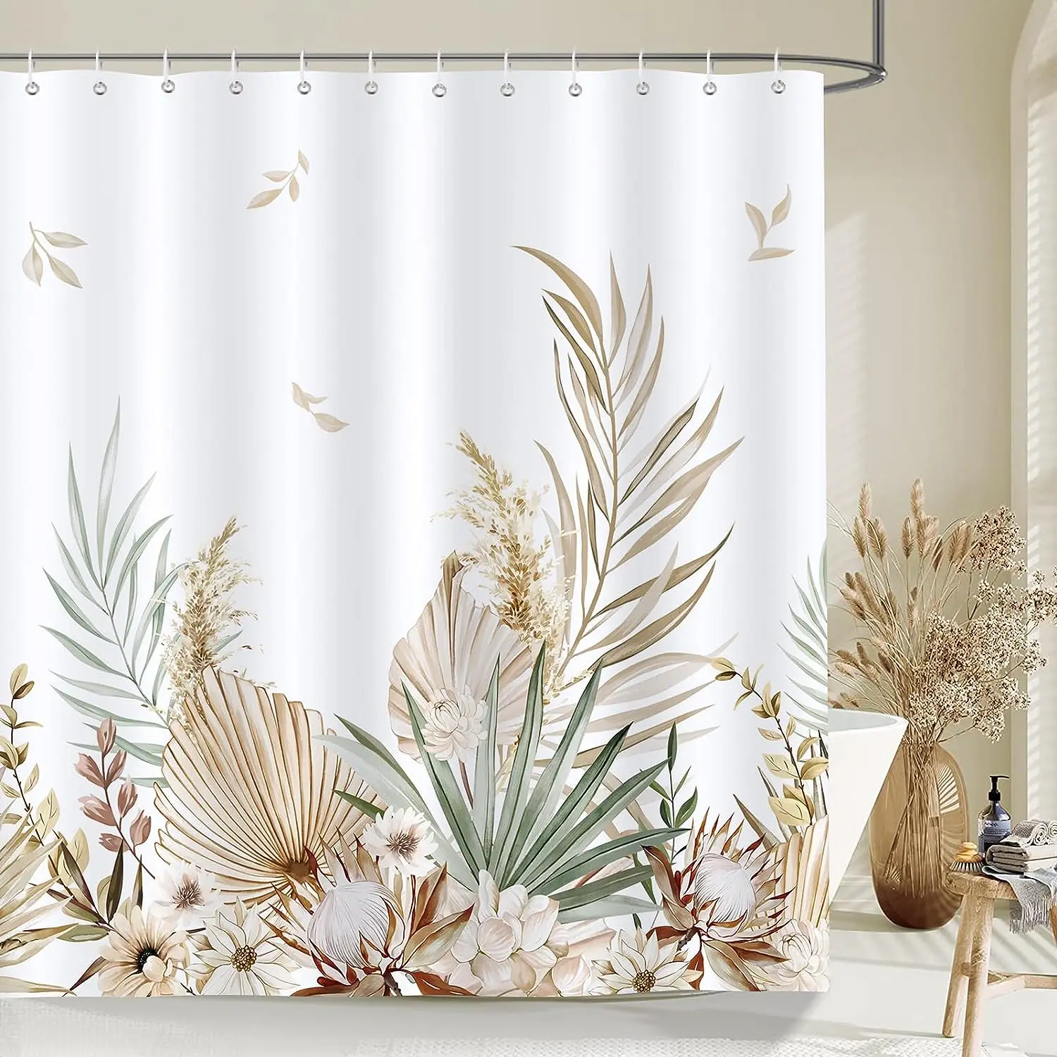 Shower Curtains Leaves Shower Curtains Bright Tan Palm Leaf Floral Pumpkin Fall Bath Curtain Set Polyester Fabric Home Bathroom Decor with Hooks