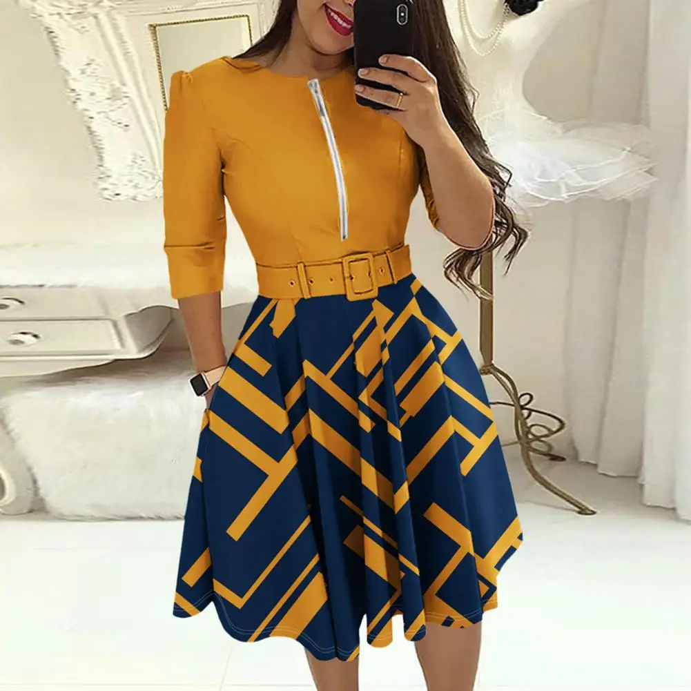 

Women Daily Dress Chic Color-block Dresses with Zipper Detailing Belted Waist Pockets for Spring Fall Wardrobe Ladies Dress