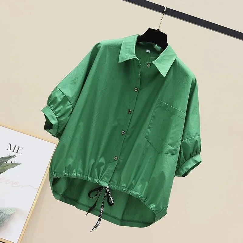 

Vintage New Design Short Sleeves Shirt Korean Style Loose Drawstring Tops Solid Color Casual Women Shirts