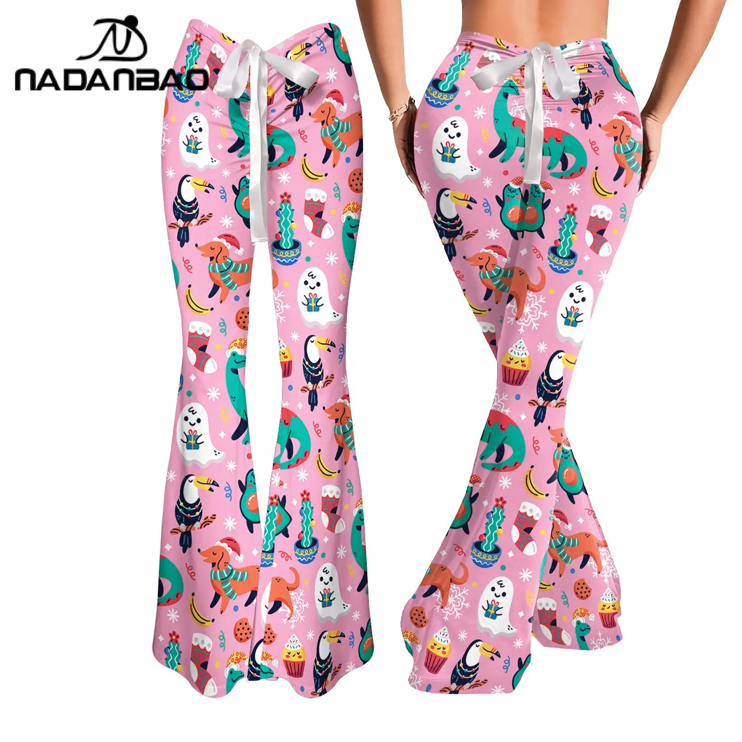 NADANBAO Christmas Women Flare Pants Santa Claus Snowman Pattern Lace-Up Trousers 3D Printed Casual Streetwear Xmas Gift Bottom unisex m moschinos bear christmas bandana merch neck cover printed face scarf multifunctional balaclava for riding washable