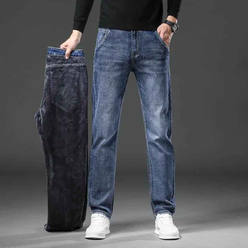 Men Jeans Retro Winter New Fleece Slim Stretch Jeans Fashion Warm Straight Casual Plush Thick Velvet Male Brand Denim Trousers 6