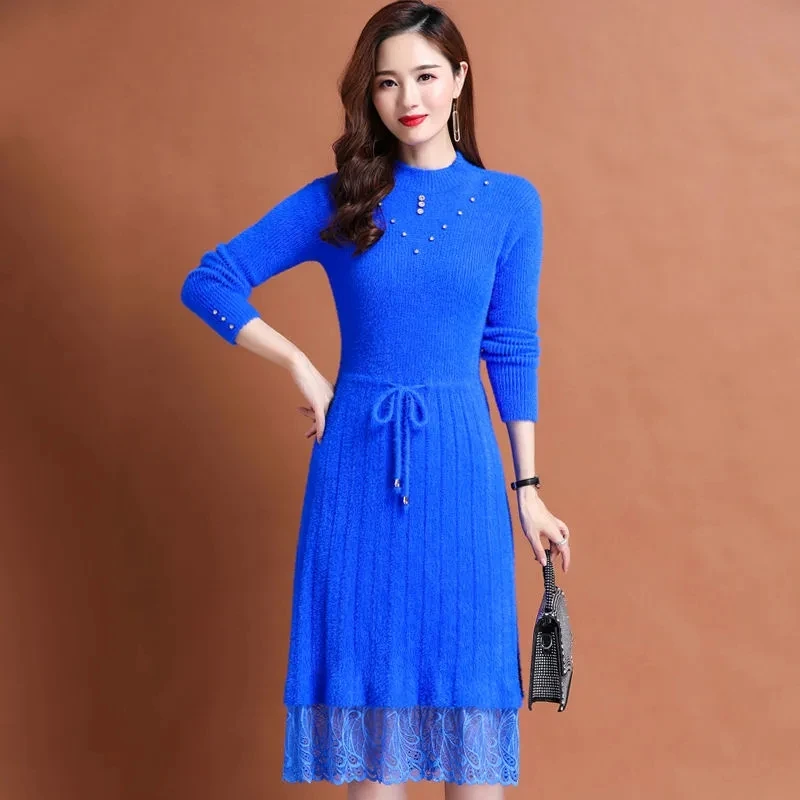 

Women Knit Sweater Pullover 2022New Imitation Mink Dress Half Turtleneck Sweater Jumper Lace Splicing Midi Dress Female Vestidos