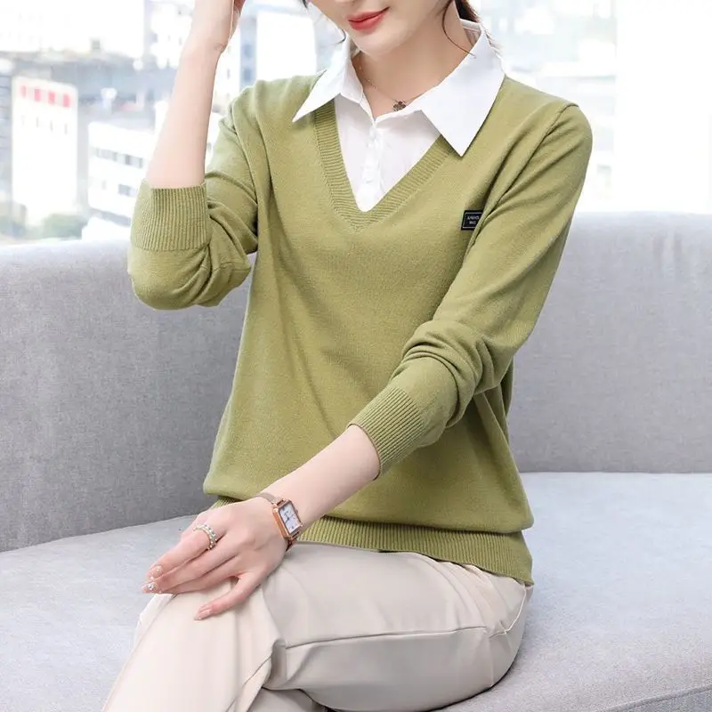 Solid Turn-down Collar Patchwork Loose Button Casual Straight Pullovers Women\'s Clothing Dignified Autumn Winter Thin Bottoming