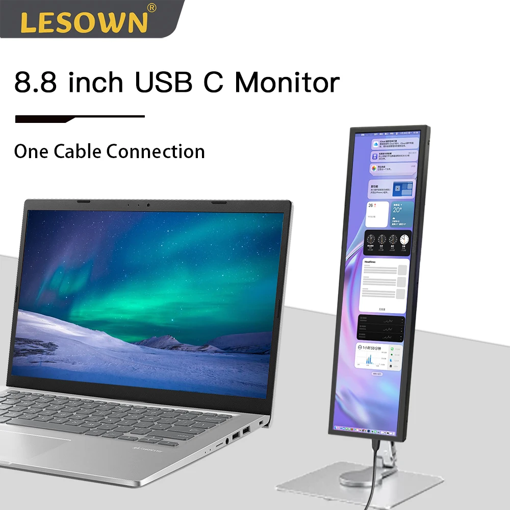 

LESOWN Long Strip LCD Display Touchscreen 480x1920 IPS 8.8 inch Thin Portable Type C Monitor for PC Case Temperature Monitoring