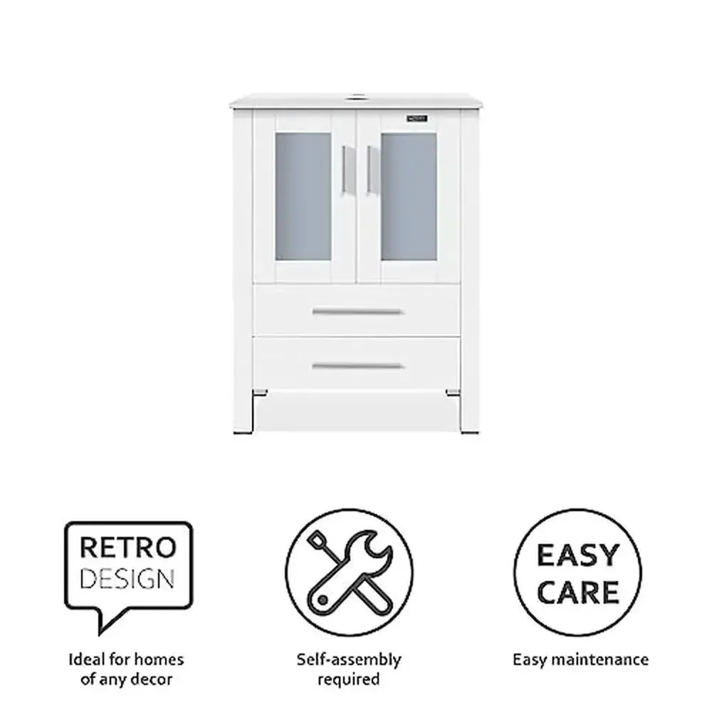 24" White Bathroom Vanity Stand Cabinet with Blue Boat Tempered Glass Sink & ORB Faucet Spacious Storage High Quality Material & 4