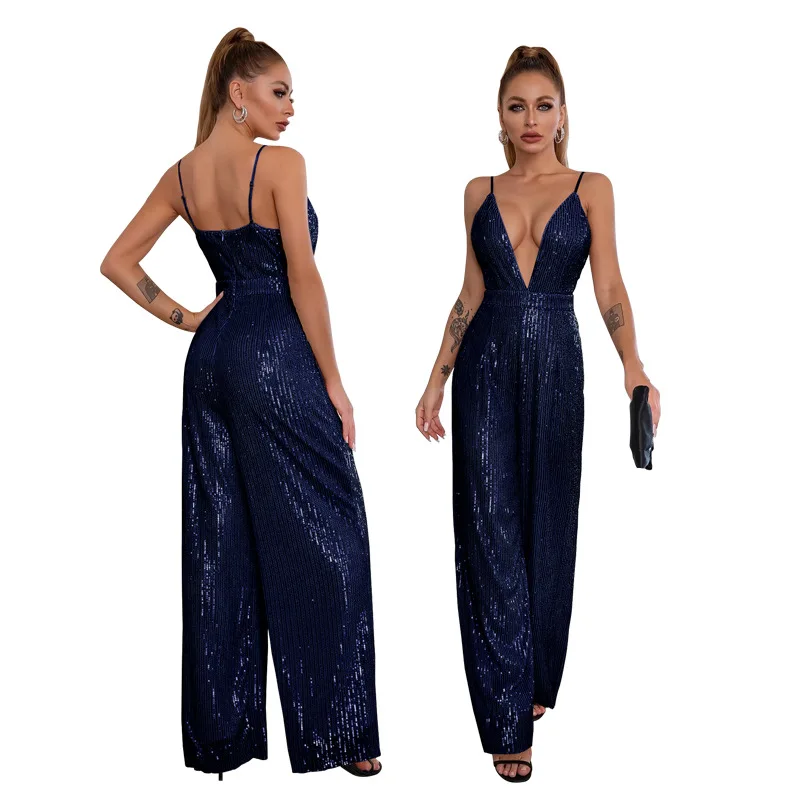 New suspenders sequins deep V jumpsuits rompers women jumpsuit Sequin
