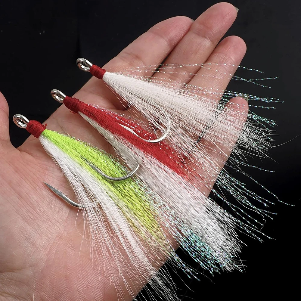 Hameçons jig avec bucktail teasers 2 pièces pour pêche sèche saumon carnassier leurres flash