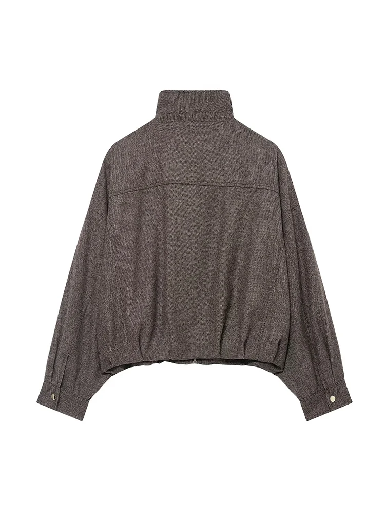 Women's Short Loose Coat Stand Collar Zipper Long Sleeve Pockets Bomber Jacket Spring Autumn Lady Street Casual Commute Outwear