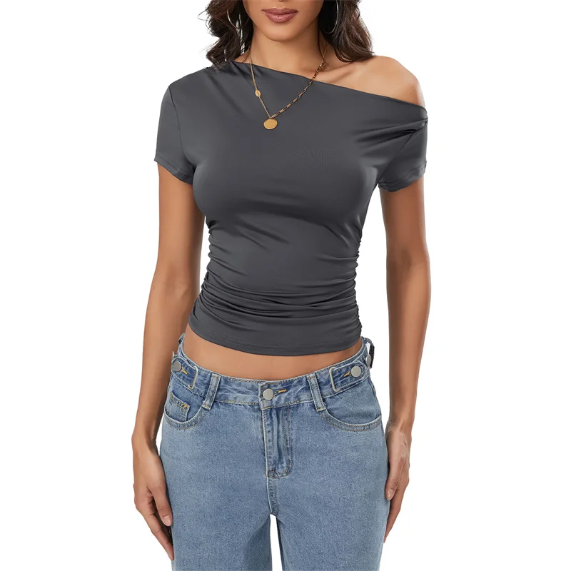 Top corto Y2K para mujer, ropa grunge de verano, camiseta fruncida sin mangas con hombros oblicuos, chaleco, ropa de calle de los años 2000