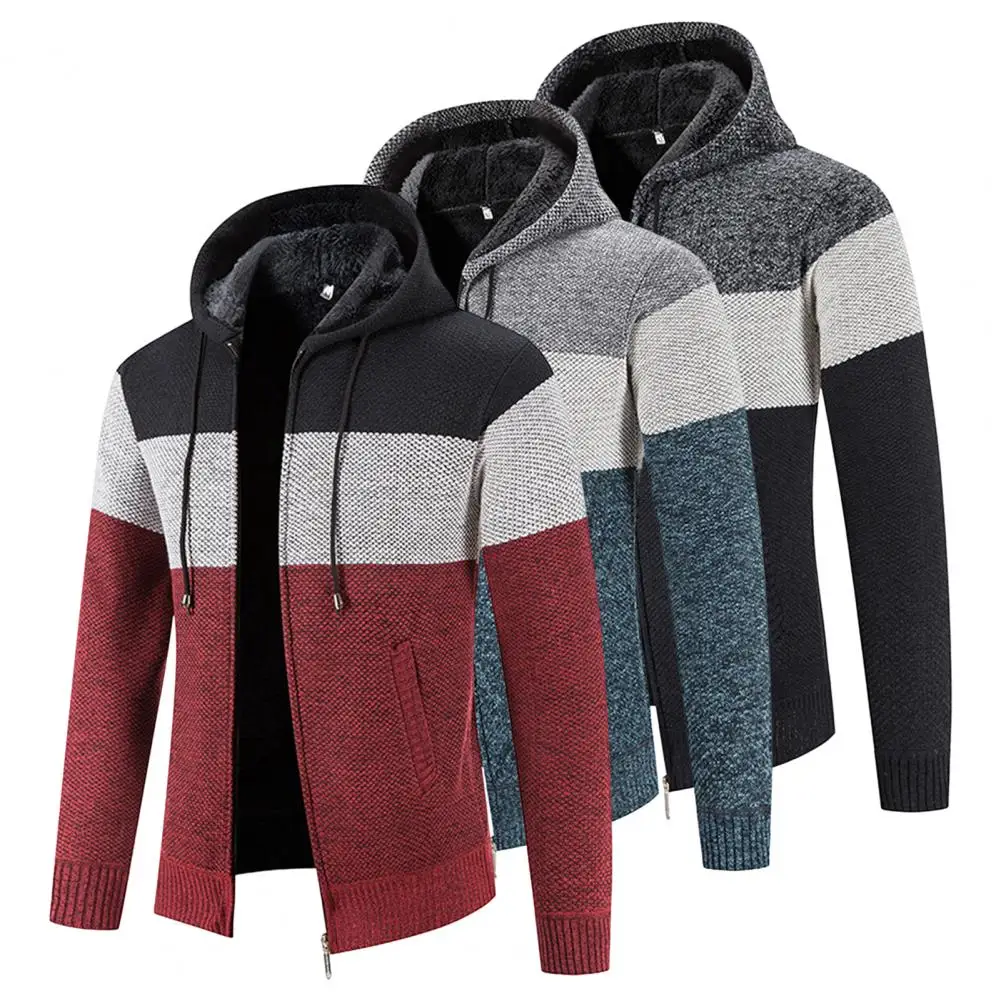 Description Picture 5 of itemMen Hooded Sweater Coat Color Block Long Sleeve Drawstring Slim Fit Autumn Winter Plush Lining Knitted Cardigan Sweater Streetwe