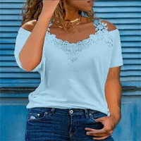Chemise en dentelle à manches courtes pour femmes, t-shirt décontracté à col en V pour dames, évider les épaules, fronde, pull élégant, haut d'été sexy 2
