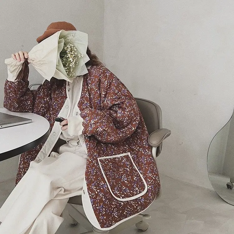 

Парка женская с цветочным принтом, элегантная теплая куртка на пуговицах, с V-образным вырезом и длинным рукавом, свободная модная верхняя одежда в ретро стиле, осень 2024