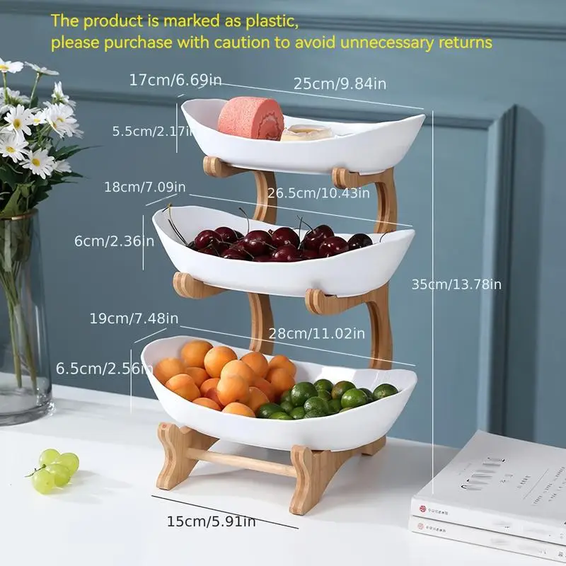 3 Tier Fruit Basket, 1 Count Large Capacity Tiered Fruit Basket Stand, Bamboo Fruit Basket Fruit Tray Snack Nuts Bread 2