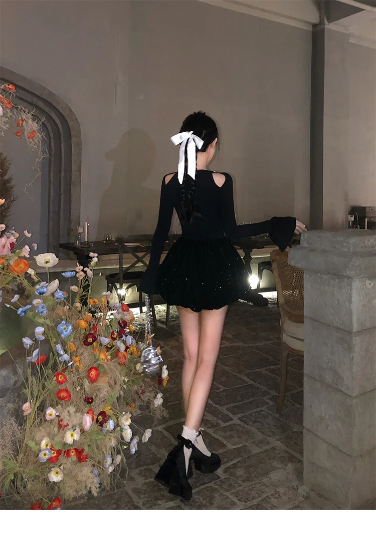 Autumn Winter Knitted Black Dresses for Women Long Sleeves High Waist A-line Birthday Party Dress Mini Vestidos Female Clothing