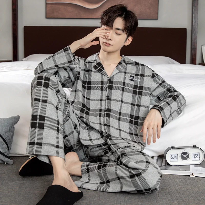 

Spring Autumn Men's Thin Imitation Cotton Pajamas Long Sleeve Cardigan Pant Loose Oversized Casual Comfortable Home Clothing Set