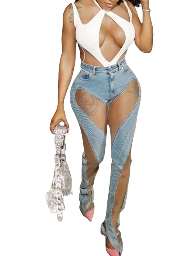 y2k Clothes Streetwear Jeans Elastic Pants Women 2023 Casual High Waist Design Casual denim Blue Patchwork denim Trousers Pants 5