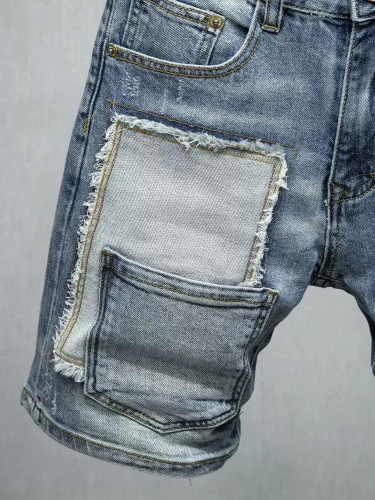 Summer Fashion Designer Men Jeans Retro Blue Elastic Stretch Patched Ripped Short Jeans Multi Pockets Hip Hop Denim Shorts Men