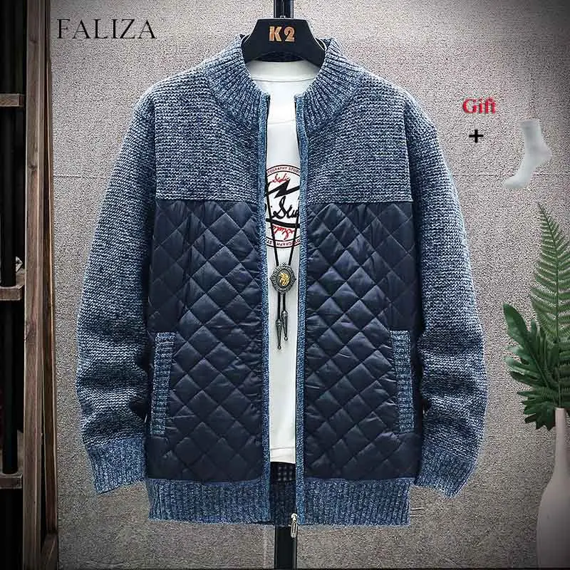 

FALIZA New Winter Thick Fleece Mens Sweater Coat Patchwork Wool Cardigan Warm Knitted Sweater Jackets Casual Male Clothing XY108