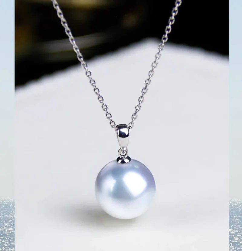 

925 Sterling Silver 12-13mm Round Natural Sea Pearl Pendant White Color Chain Necklaces for Women Jewelry