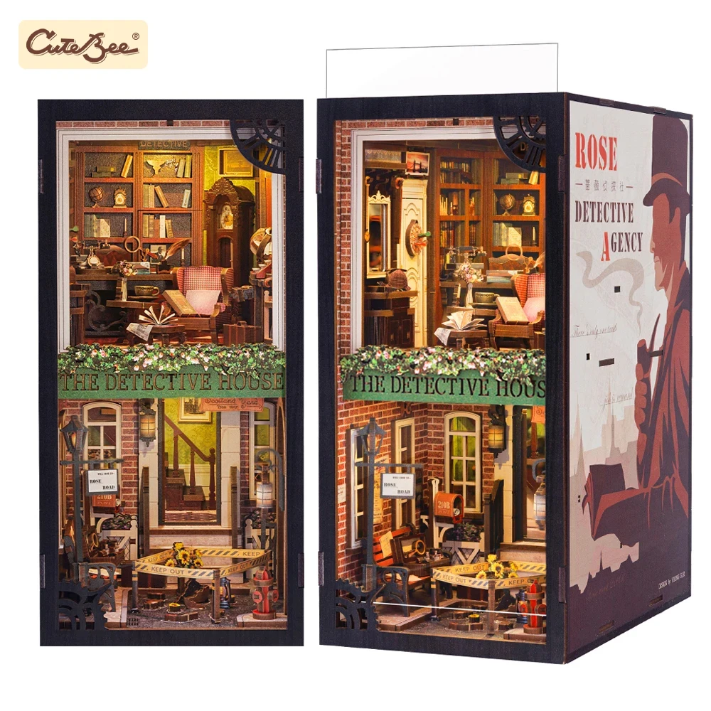 Cutebee DIY 3D Puzzle Wooden Book Nook Kit Dollhouse Bookshelf Building Miniature Booknook Toys Gifts Rose Detective Agency agency