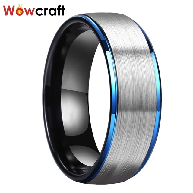 Blue Black Tungsten Wedding Rings for Men Comfort Fit Stepped