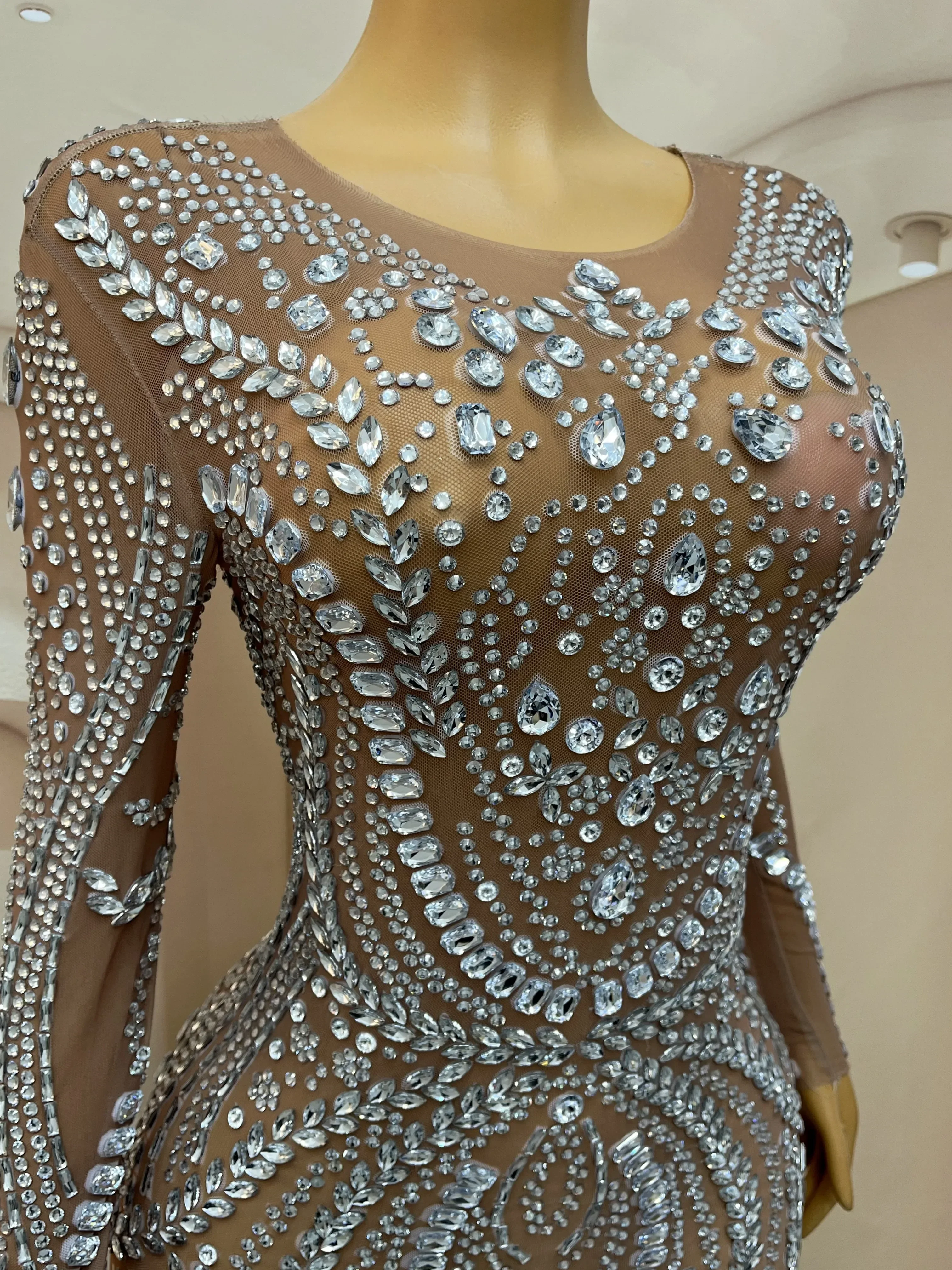Sparkly Silver Rhinestones Long Sleeves Crystals Long Train Dress Nude Mesh Birthday Celebrate Costume Performance fulin