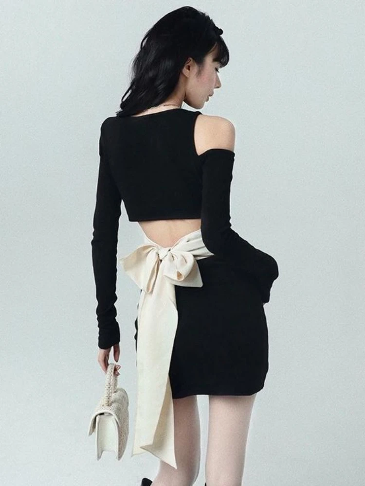 

HOUZHOU Bow Hollow Out Backless Dresses Sexy Outfits for Woman Korean Fashion Black Long Sleeve Slim Party Bodycon Dress Elegant