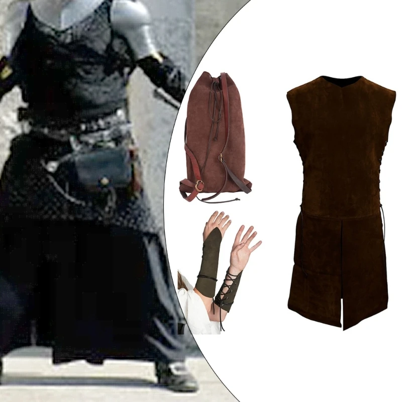 

Men Medieval Sleeveless Waistcoats with Backpacand Arm Bracer Leather Wrist Armors Medieval Waistcoats Vests