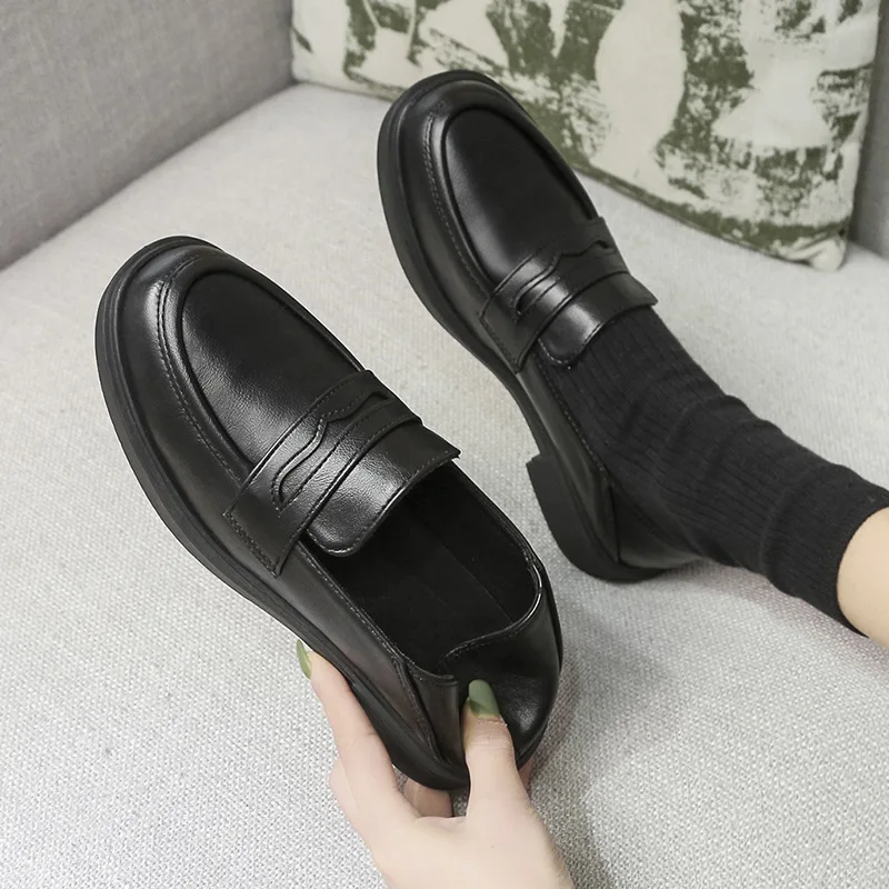 

Туфли Comemore женские кожаные на толстой подошве, лоферы на плоской подошве, в британском стиле ретро, с круглым носком, черные, лето 2024