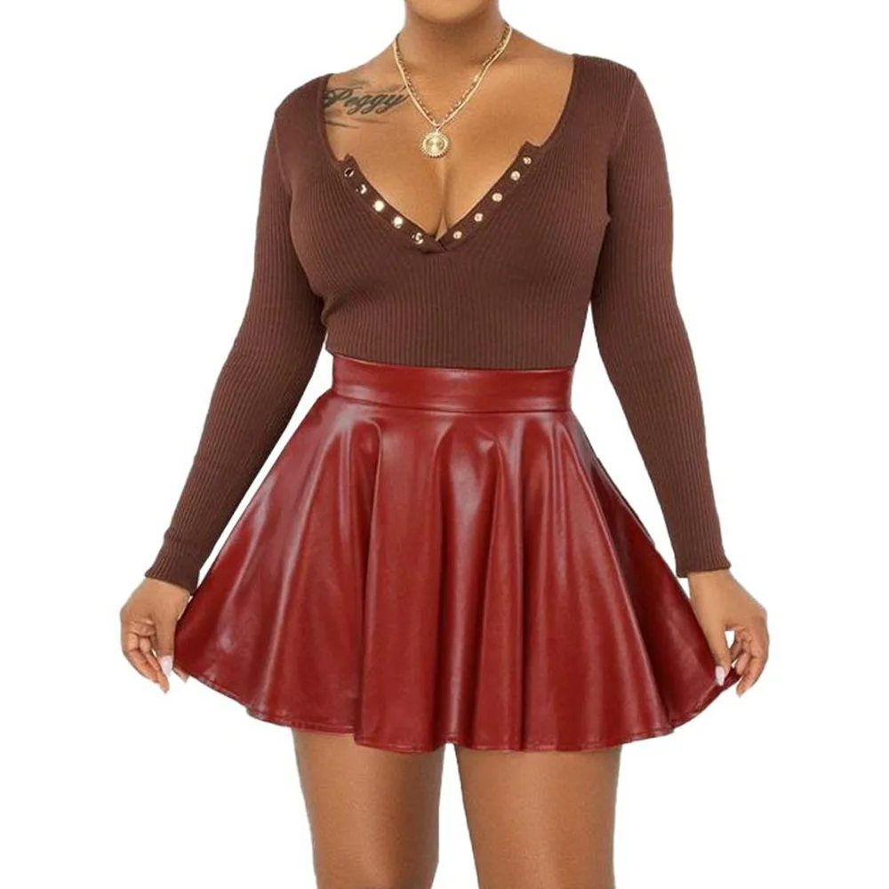 Women's Clothing Sexy Solid Color Mini PU Skirt Women Umbrella Skirt 6