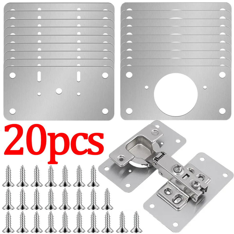 20/2PCS Stainless Steel Hinge Fixing Plate Kit Cabinet Door Hinge Repair Plate Bracket with Mounting Screw for Kitchen Furniture