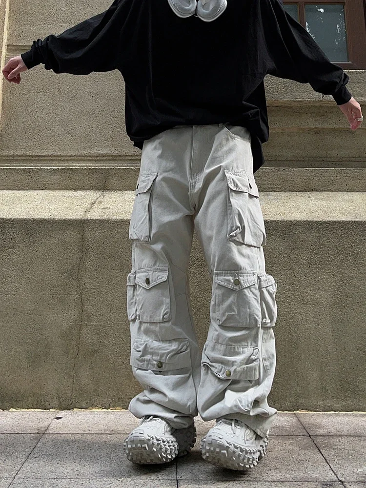

Popular White Multi-pocket Overalls Men's Harajuku Style Loose Casual Trousers Straight Mopping Pants Autumn