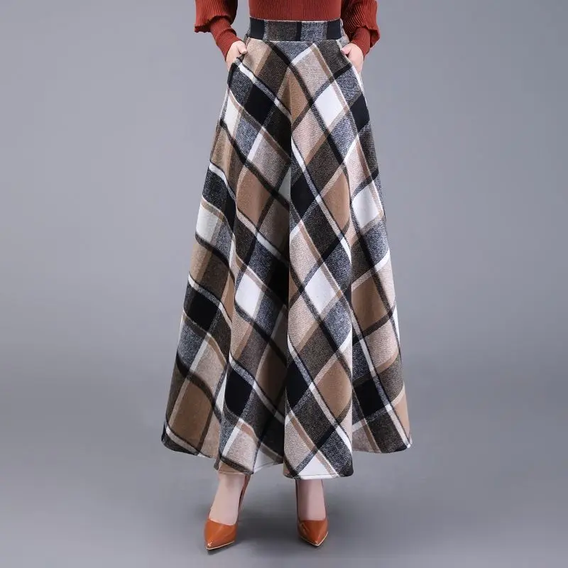 

New Women Autumn Winter High Waist Pockets Skirts Female Woolen Plaid Casual Skirts Ladies Fashion Loose A-line Skirts U485