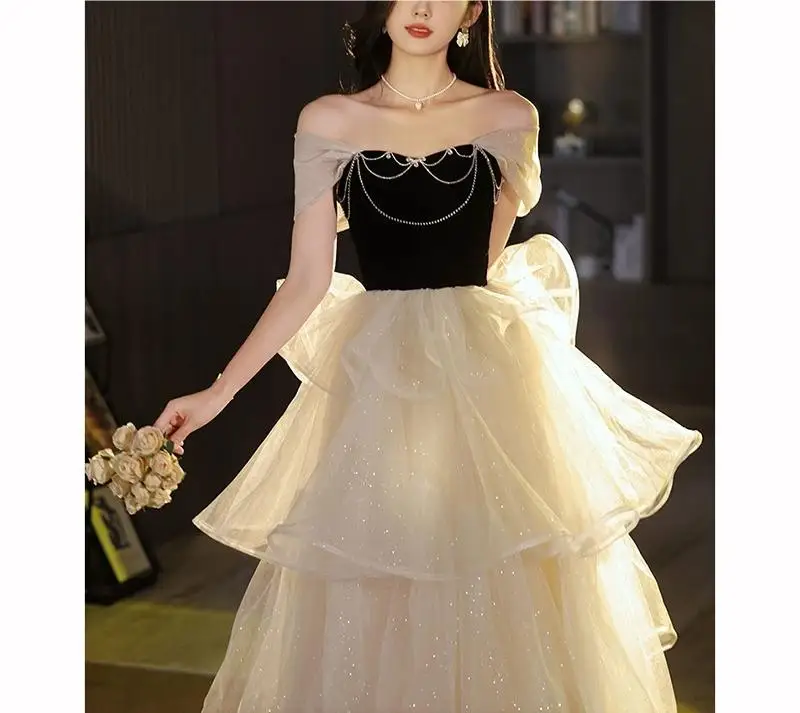 

HA 110 black one shoulder evening dress female 2024 new