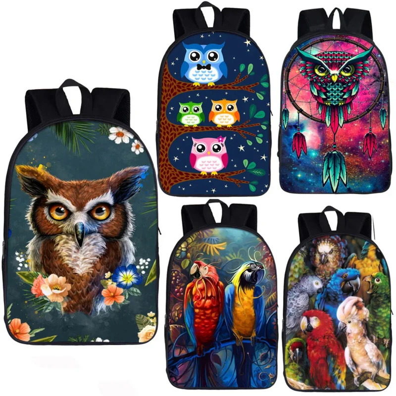 

Cute Bird Owl Parrot Print Backpack for Teenager Boys Girls Children School Bags Women Men Casual Storage Rucksack Kid Book Bag