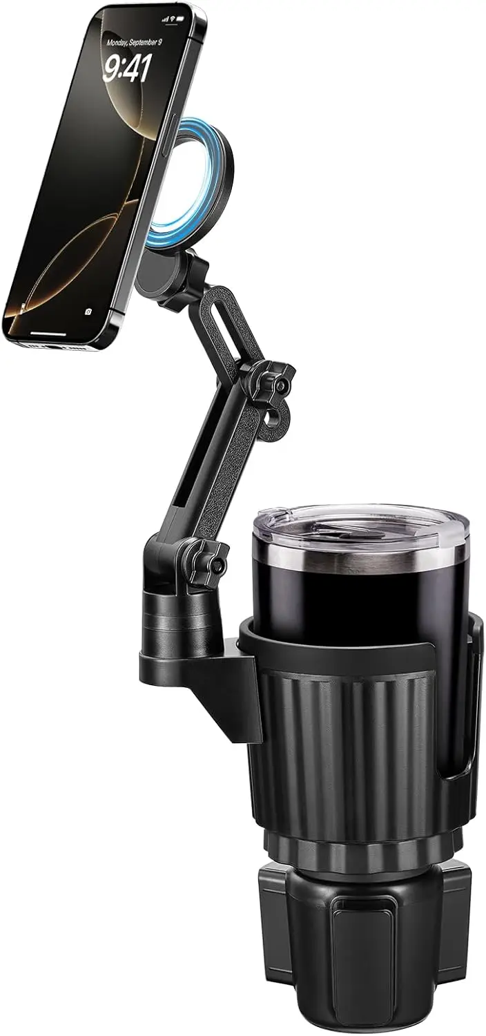 Soporte Magnético para Teléfono en Portavasos, Compatible con MagSafe, Base de 4.1 Pulgadas con Altura Ajustable, Ajuste Seguro para Automóvil o SUV