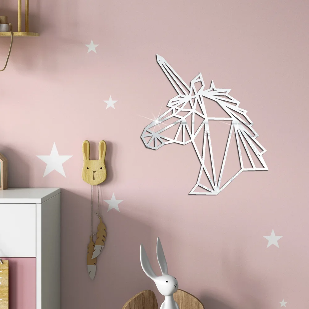 Unicorn Lion Elephant Deer Geometric Line Wall Mirror Stickers Kids Room Decal Gold Silver Black Hollow Acrylic Home Wallpaper