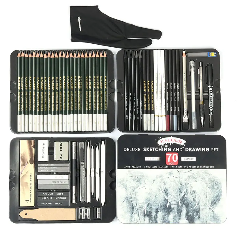 Professional 70Pcs Set Artist Sketching Drawing Pencil Charcoal Graphite  Stick Accessories Complete Graphing Art Kit +