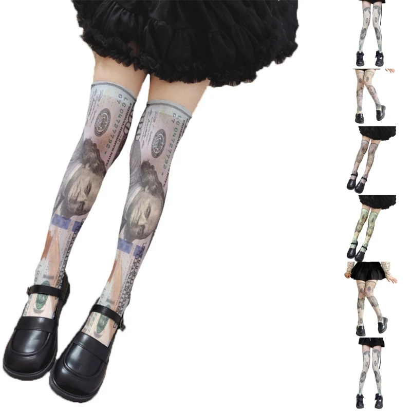 

Women Halloween Party Thigh Highs Long Socks Dollar Money 3D Printed Stockings