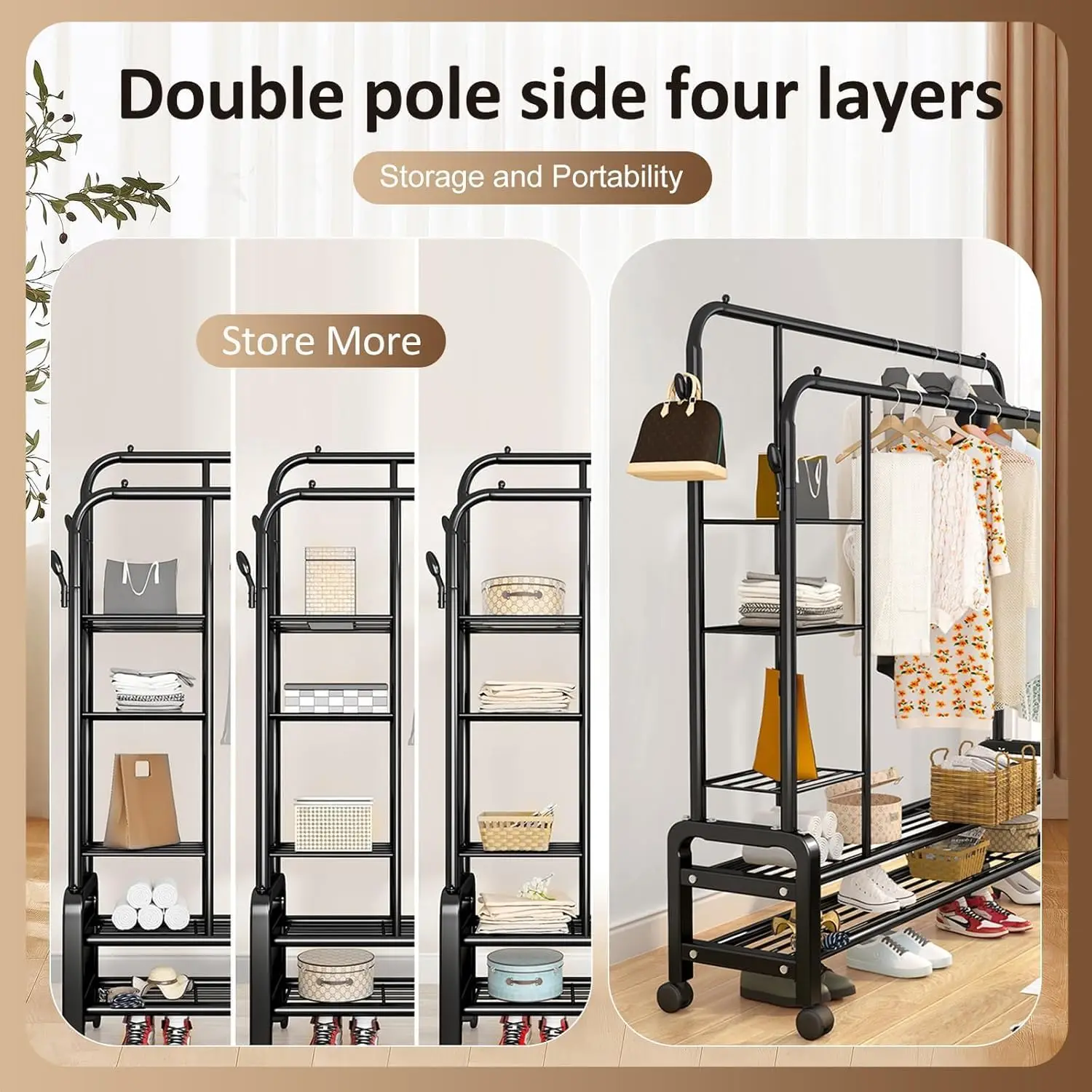 رف ملابس مزدوج حديد وعجلات متحركة 3 طبقات