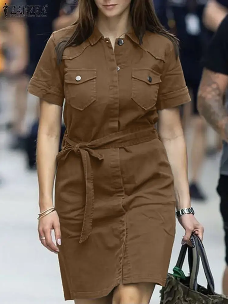 

2023 ZANZEA Fashion Elegant Lapel Neck Short Sleeve Shirt Dress Women Summer Sundress Club Work Vestido Robe Femme Cargo Dresses