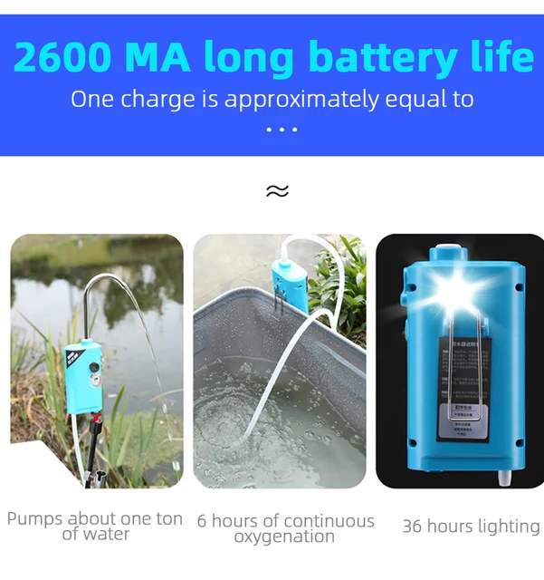 Bomba De Oxígeno 3 En 1 Con Batería - Para Acuario Y Pesca, Con Luz LED, Sensor Inteligente Y Filtro, 2000 MAh