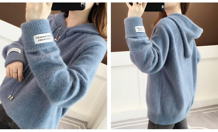 Autumn Winter New Sweater Women Imitation Mink Velvet Korean Plus Velvet Thick Knitted Sweaters Loose Hooded Sweater Female green cardigan