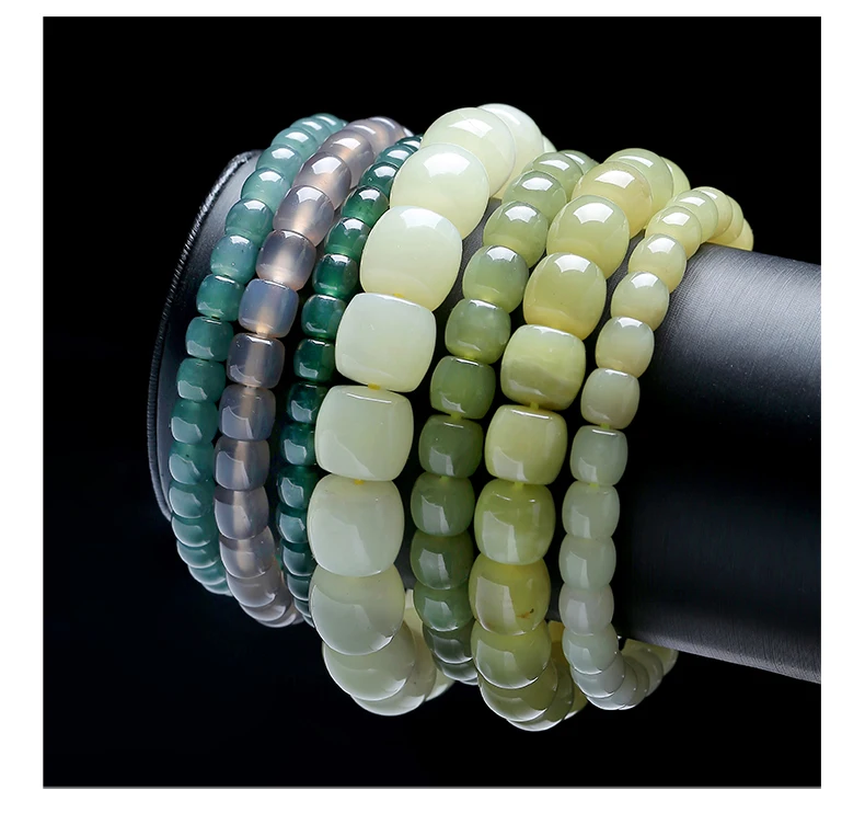 JD Naturstein Hetian Jade Gerade-Cut Barrel Bead Armbänder Frauen Männer Charme Glück Reiki Healing Stretch Armreifen Schmuck geschenk – Detail 5