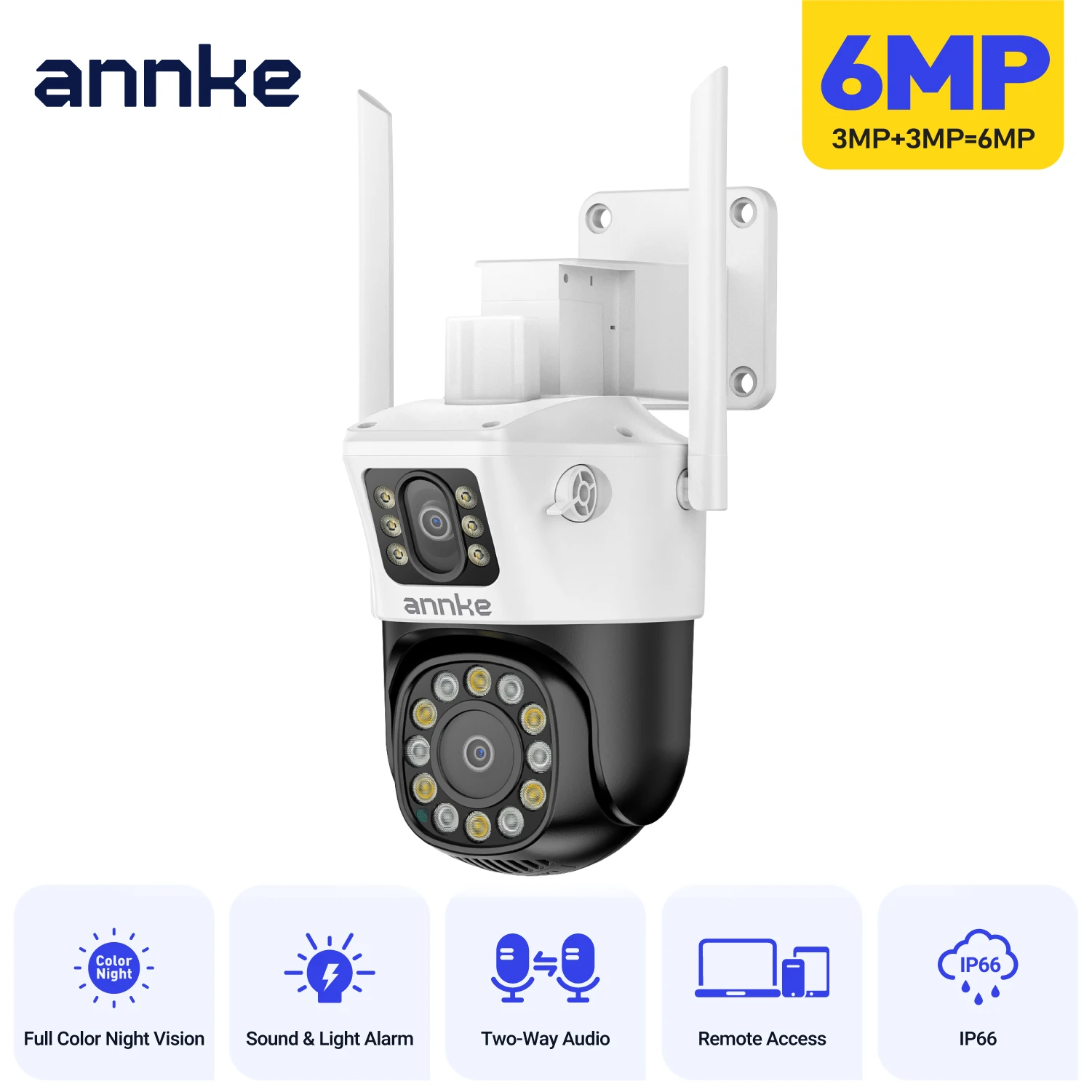ANNKE 6MP Dual-Lens Outdoor Wireless WiFi Security PT Camera Red Blue Flashing Lights Siren Smart Dual Light Two-Way Audio