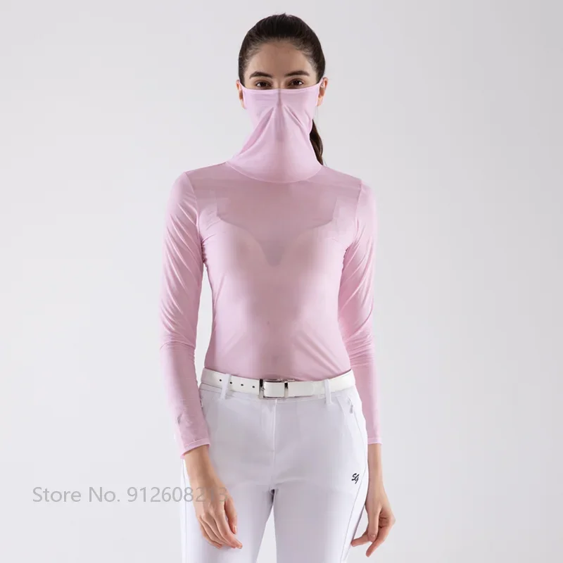 SWAN LOVE GOLF Upgrade Women Golf Shirts With Mask Female Sunscreen Ice Silk Tops Ladies Long Sleeve Cooling Dry Fit Underwear
